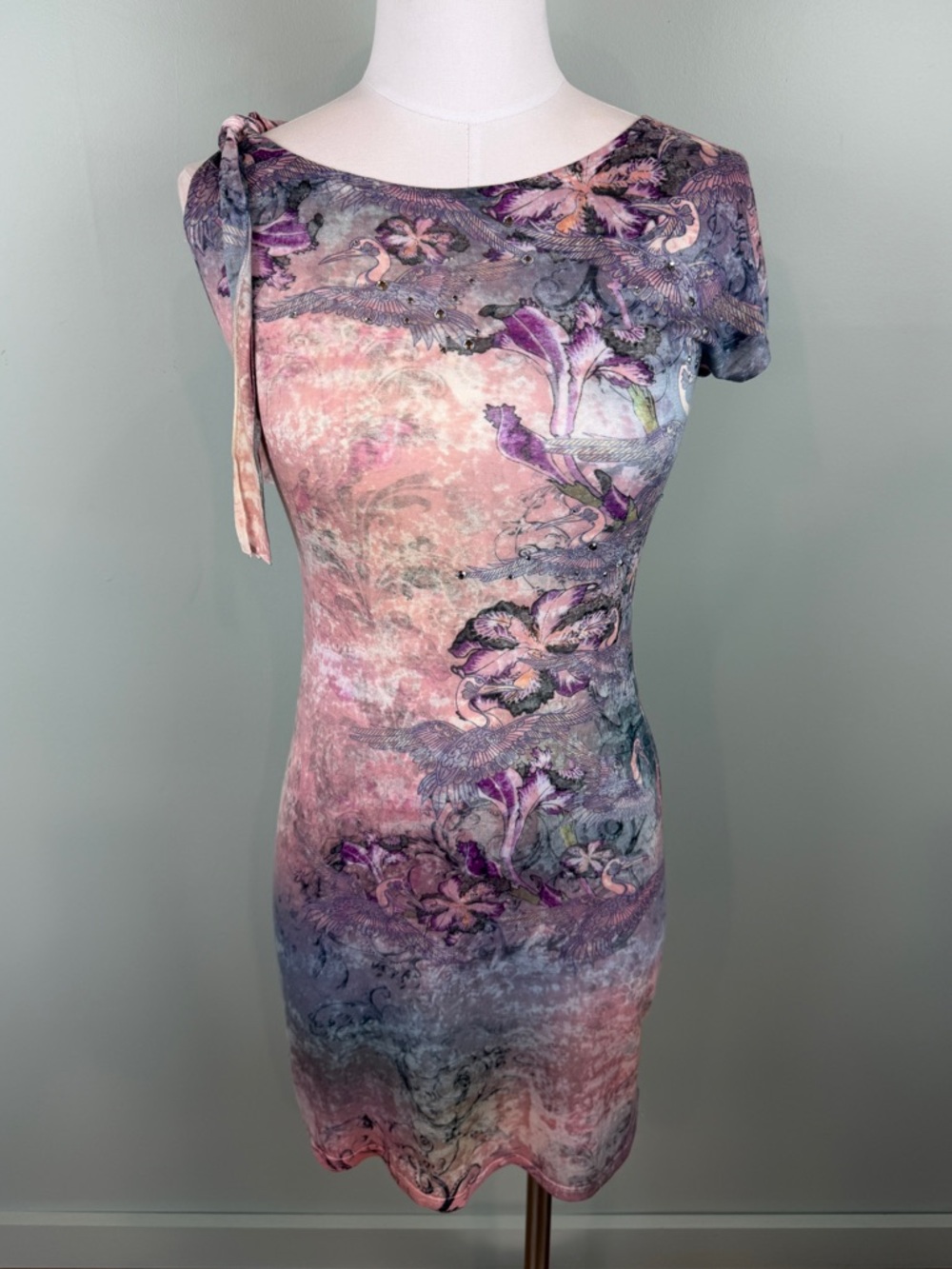 Justified Y2K style Floral Crane Print mini dress w/ sparkle beaded accent Small
